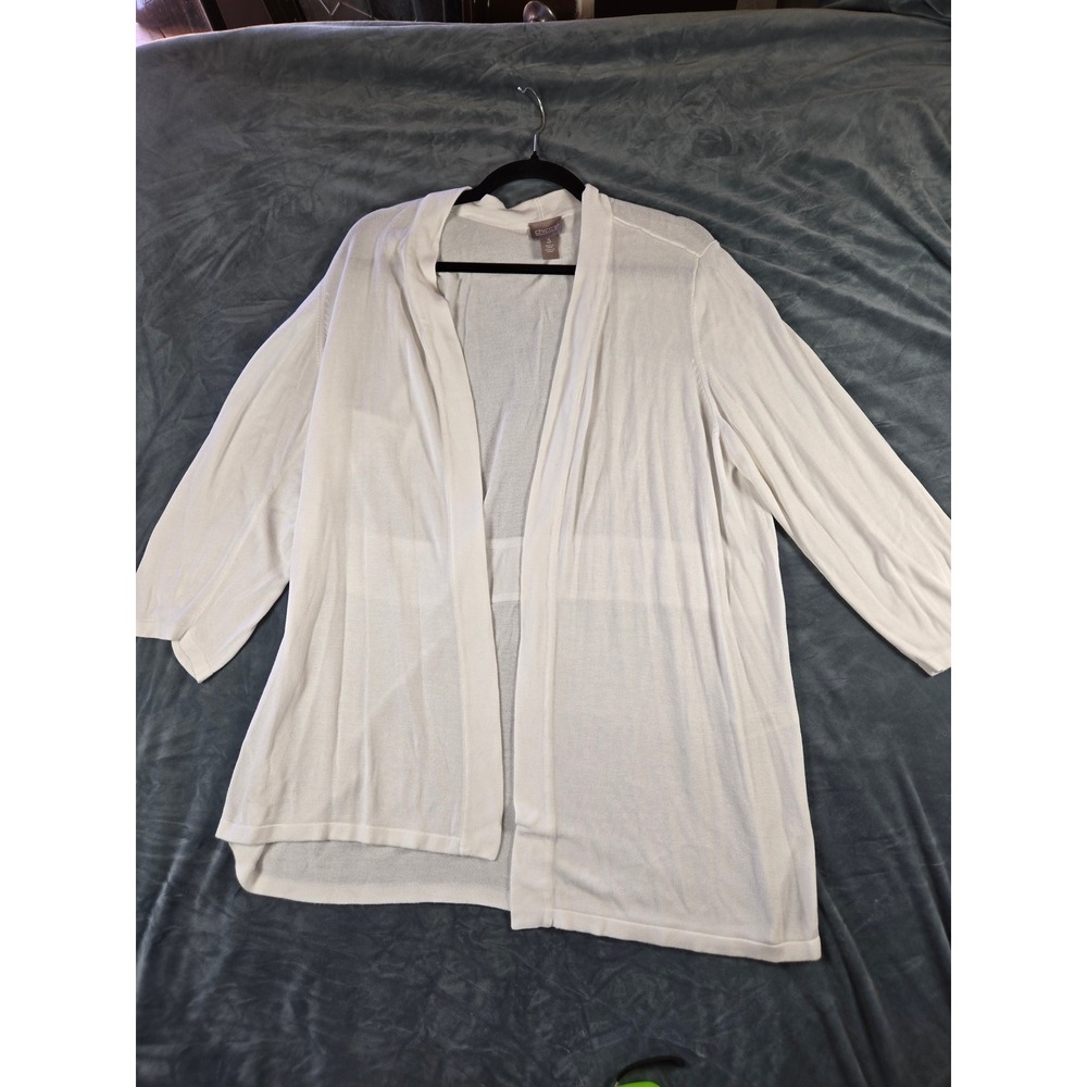 Chicos White Open Front Cardigan Shawl Collar 3/4 Sleeve Size 3 XL Layer Staple
